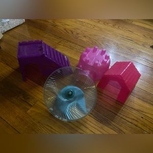 3 hamster houses and a wheel